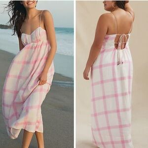 Anthropologie Pink and White Plaid Maxi Dress